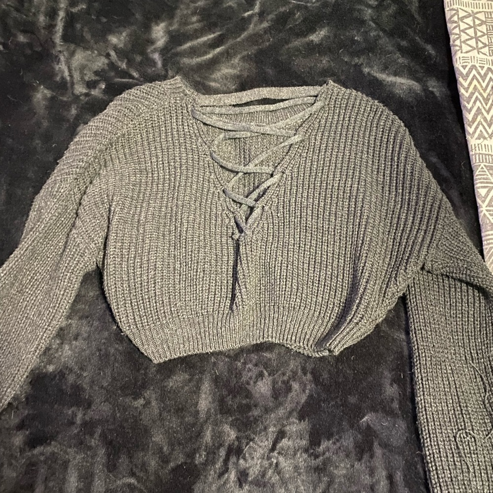 Gray  SHEIN Knit Sweater with Lace-Up Front cropped
